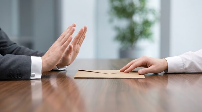 A businessman refusing a brown envelope representing a bribe or illegal payment to show integrity, honesty, and anti-corruption concept in a professional corporate office environment.