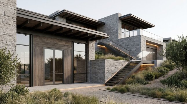 Modern split level home following a planted hillside