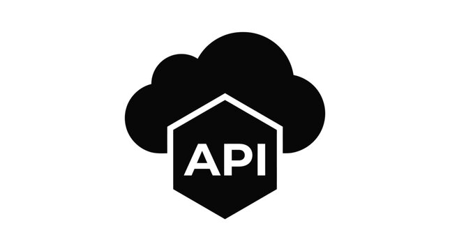 Black cloud icon combining technology concepts with application programming interface text elements inside hexagon