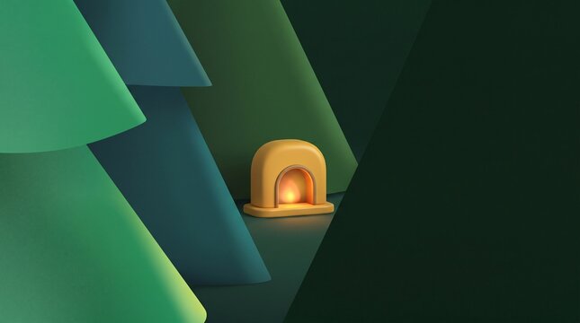 Minimalist 3D Christmas Fireplace with Abstract Fir Trees