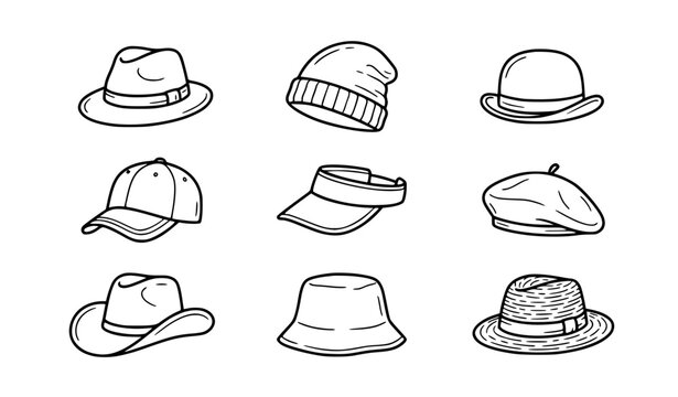 Classic Hats Doodle Vector Collection with Fedora Beanie Cowboy and Baseball Cap