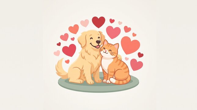 Cute Golden Retriever Dog Hugging Orange Tabby Cat Surrounded by Hearts Cartoon Style Illustration for Pet Lovers and Valentine's Day