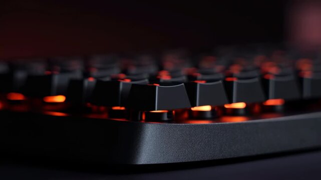 Black computer keyboard remains still as illuminated keys shift from blue and violet through pink to red and orange tones, shown in low-angle close-up against dark blurred background