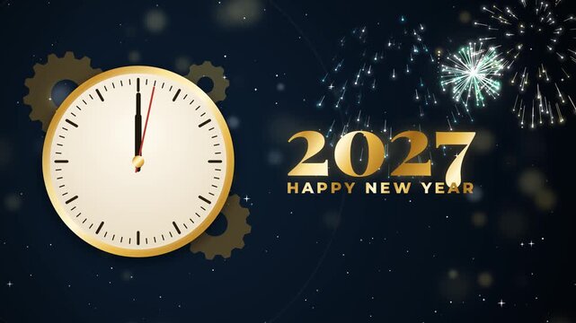 Clock hands striking twelve at midnight with fireworks. Golden watch with gears showing 12 o'clock on starry night sky, Happy New Year 2027 eve countdown animation 4K