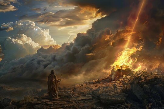 Elijah Calling Fire from Heaven on Mount Carmel, Dramatic Biblical Scene with Altar Consumed by Divine Flames and Prophets in Shock