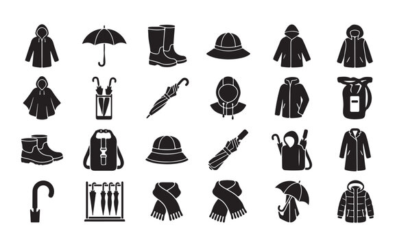 Rain wear collection black glyph icons featuring waterproof coats umbrellas and boots for weather.