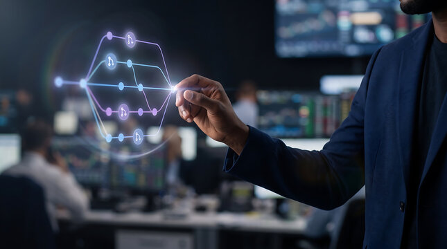 A person in a dark blue suit interacting with a glowing, holographic version control branch tree diagram in a dimly lit office environment with computer monitors in the background