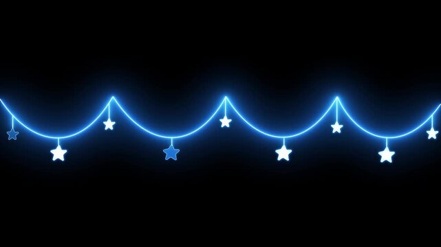 Glowing fairy lights in horizontal rows on transparent and black background. Warm neon Christmas garland overlay. neon or lazer light down star and circle light animated.