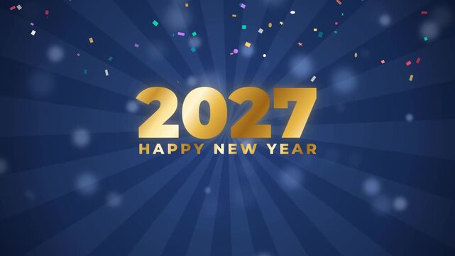 Calendar page tearing off from December 31 to January 1, date change into Happy New Year 2027 with confetti on blue background, planner schedule time transition 4K