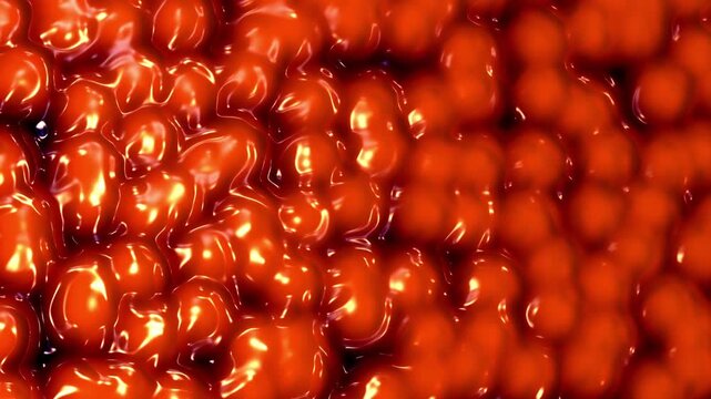 Glossy organic red cellular structures cluster and undulate with subsurface light reflections in a microscopic 3D render