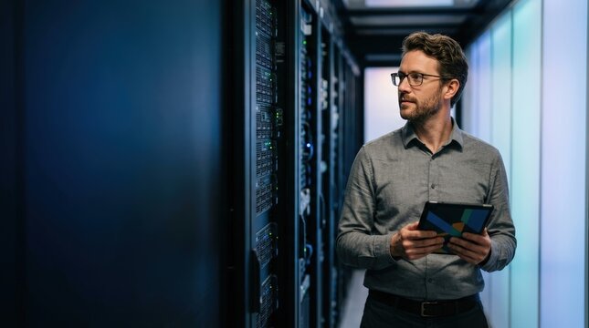 IT consultant inspecting server racks in data center corridor