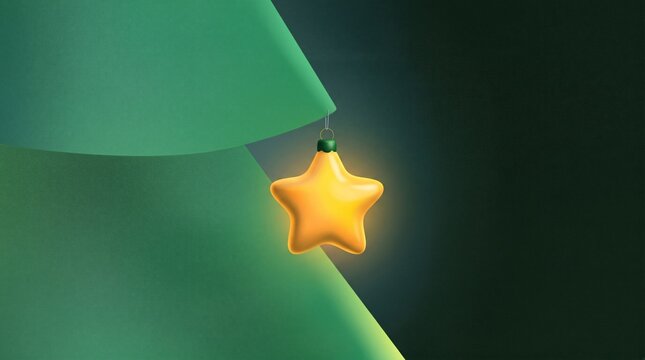 Glowing Gold Star Christmas Ornament Hanging on Green Tree