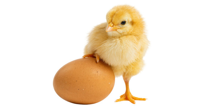 Fluffy yellow chick standing on a brown egg, isolated on transparent background