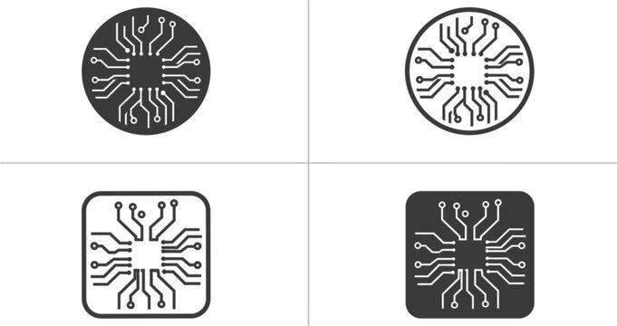 Vector microchip and circuit board icon set featuring abstract electronic hardware processors in circle and square flat graphic styles