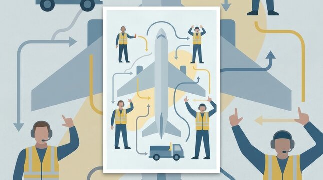 Airport ground crew coordinating aircraft movement on runway