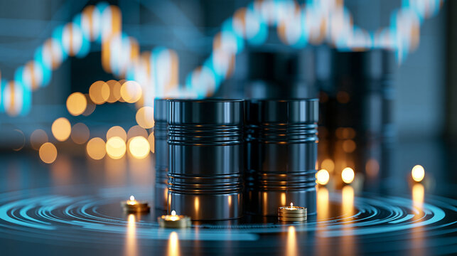 Generic petroleum industry investment concept with oil barrels and abstract financial market charts in background, energy sector, commodity trading, oil industry, business