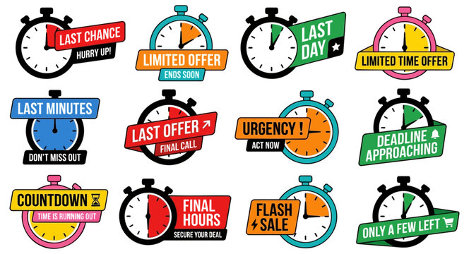 Colorful flat vector stopwatch badges and sale urgency labels featuring promotional text and countdown timers isolated on transparent background