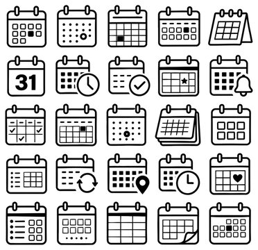 Set of black and white vector calendar icons featuring various date designs and planning symbols isolated on transparent background
