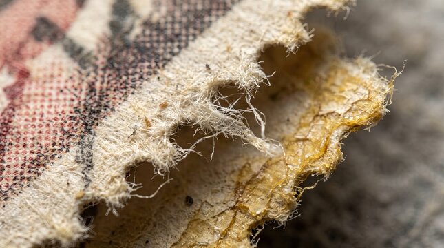 Extreme macro close up of a torn and frayed edge of patterned fabric or thick paper showing the intricate details of the internal fibers and the rough texture of the layered material