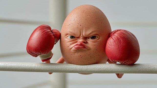 Wide shot of egg in a boxing ring wearing tiny gloves, looking tough and ready to fight. Funny food photo for sports and humor articles.