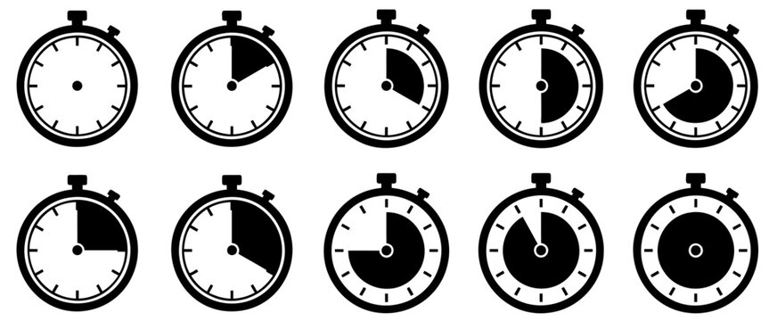 Stopwatch timer countdown progress icons set showing different time intervals isolated on transparent background