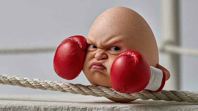 Angled view of egg in a boxing ring wearing tiny gloves, looking tough and ready to fight. Funny food photo for sports and humor articles.