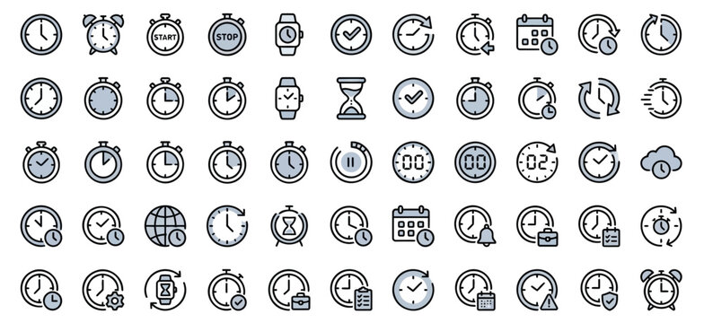 Set of blue and black time icons and clocks featuring various chronometers calendars stopwatches and hour glasses isolated on transparent background