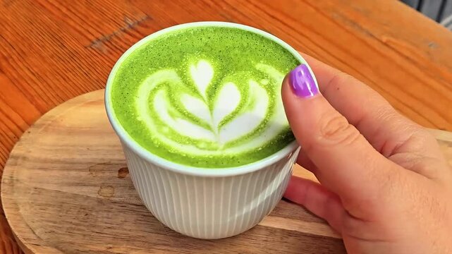 Close-up of a vibrant green matcha latte with white leaf-shaped latte art, held by a woman's hand on a wooden tray, showcasing the creamy beverage, artistic pattern and cozy cafe atmosphere