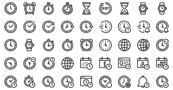 Black and white line vector outline icons set representing various time and schedule management concepts including clocks calendars and timers on transparent background