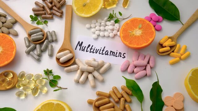 Various tablets and capsules, supplements and vitamins. Selective focus.