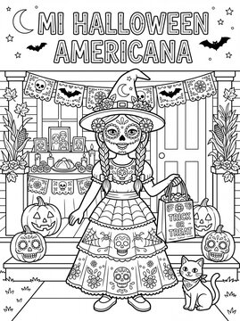 Bilingual Halloween and Day of the Dead Coloring Page with Sugar Skull Girl, Porch Decorations, Pumpkins, and Cat