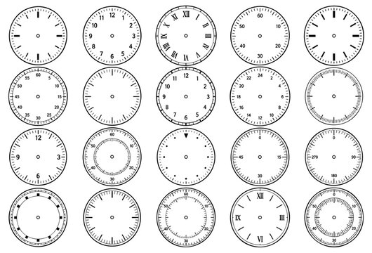 Collection of diverse clock faces featuring numbers roman numerals ticks and various circular dial designs rendered in crisp black lines on transparent background
