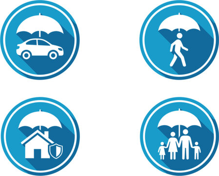 Vector insurance icon set featuring circular blue flat design symbols with umbrellas shielding a car person house and family for protection