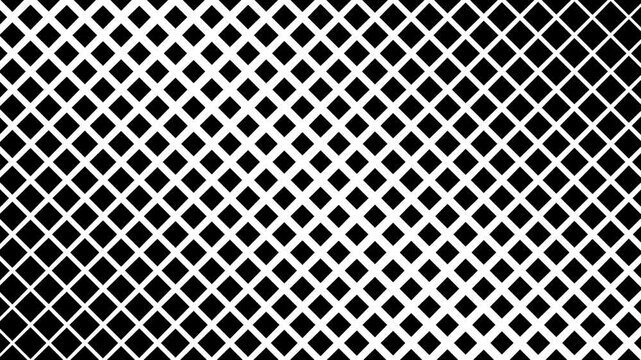 Geometric black and white diamond grid pattern transition overlay animation, abstract diagonal square mesh wipe effect loop for video creators and presentations on black and white screen. 4k video
