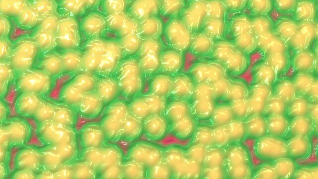 Yellow organic globules undulate and ooze across vibrant lime green fluid and magenta crevices in a glossy seamless loop 3D animation