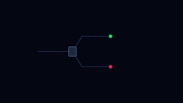 Minimalist decision tree diagram animation: binary choice concept with green and red indicators for data flow and logic analysis