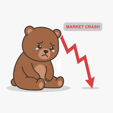 Cute bear character crying beside falling red arrow indicator. Flat vector illustration for financial loss, economic crisis, stock market crash, and bearish trend.