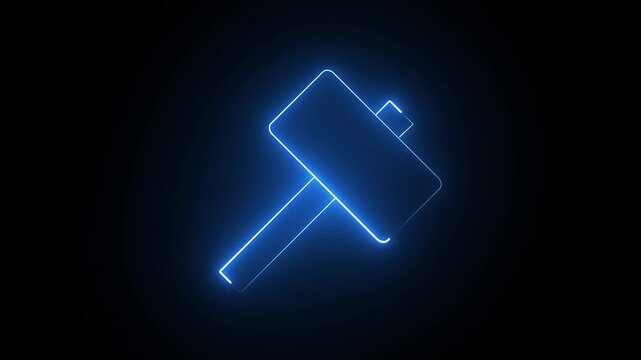 Glowing Blue Neon Mallet Hammer Tool Icon Animation on Black Background Loop