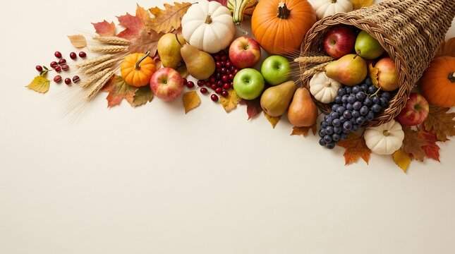 Abundant autumn harvest overflowing from a woven cornucopia against a white background