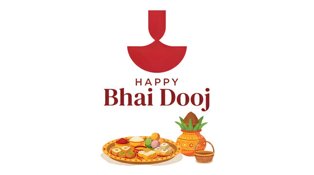 Happy bhai dooj greeting card with traditional oil lamp diya pot and indian sweets plate illustration isolated on a white background
