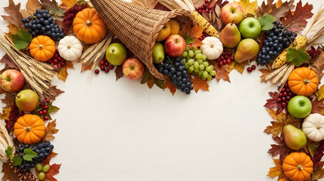 Abundant autumn harvest still life with cornucopia fruits and vegetables on white background