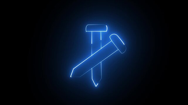 Glowing Blue Neon Nails Construction Icon Animation on Black Background Loop