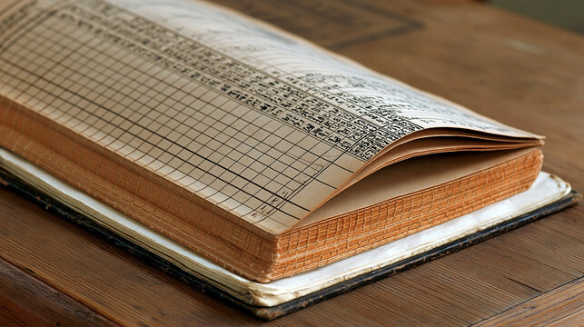 Vintage accounting ledger with detailed columns, handwritten figures and statistical tables on aged paper, historical accounting, financial records, bookkeeping, business history,
