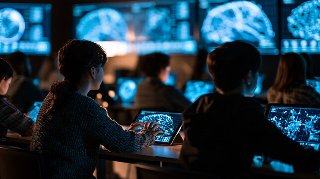 Futuristic classroom with digital displays on the walls and students seen from behind using tablets showcasing advanced technology in education dim room lit by screens futuristic