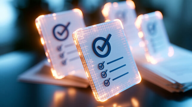 3d render of digital certification checklists on a bright background quality assurance business verification streamline process performance audit system control improved efficiency
