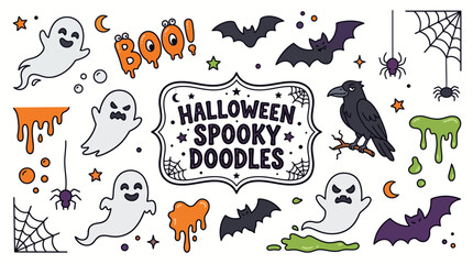 Fototapeta premium Very beautiful realistic vector Halloween doodle set featuring ghosts, bats, raven, spider, dripping shapes and playful Boo lettering, centered label 