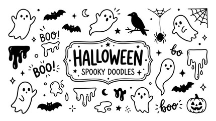Fototapeta premium Very beautiful black and white vector Halloween doodle set featuring hand-drawn ghosts, bats, raven, spider, dripping shapes and Boo lettering, centered label 