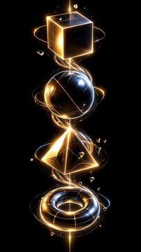 Glowing geometric forms rotate in a vertical stack as cube, sphere, faceted pyramid and luminous torus hover with golden orbital trails and blue highlights against black background