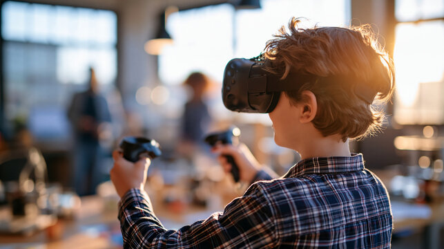 Boy seen from behind wearing a virtual reality headset holding controllers in a bright workshop innovative computer education for a child with vr boy virtual reality headset