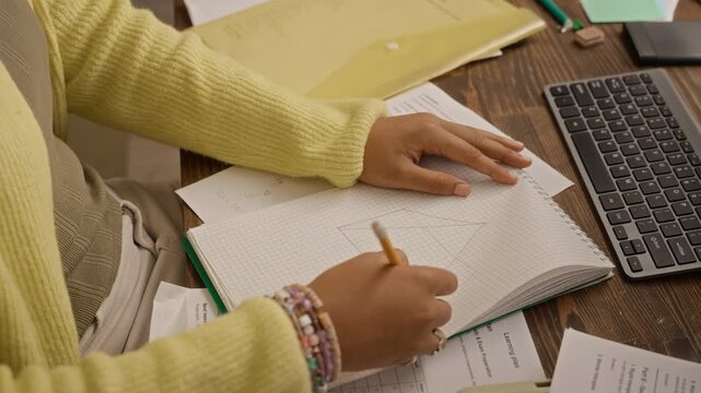 African American teenage girl drawing geometric shapes in notebook with pencil from high angle. Footage suitable for STEM tutoring, test preparation and education marketing campaigns